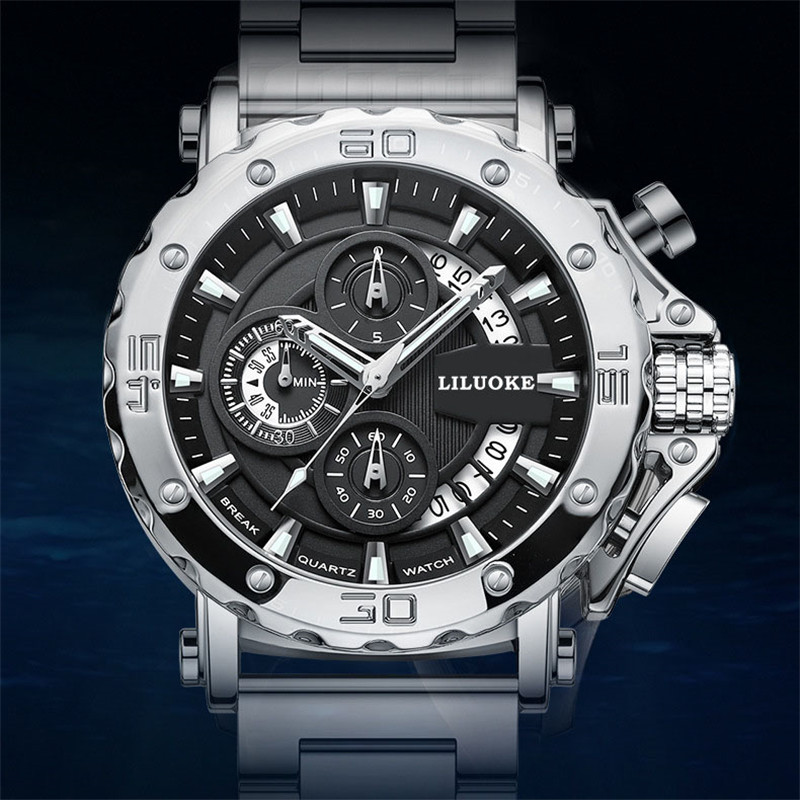 Watch Men's Thick Luminous Waterproof Men's Quartz Watch Black Silver Business Watch - Image 3