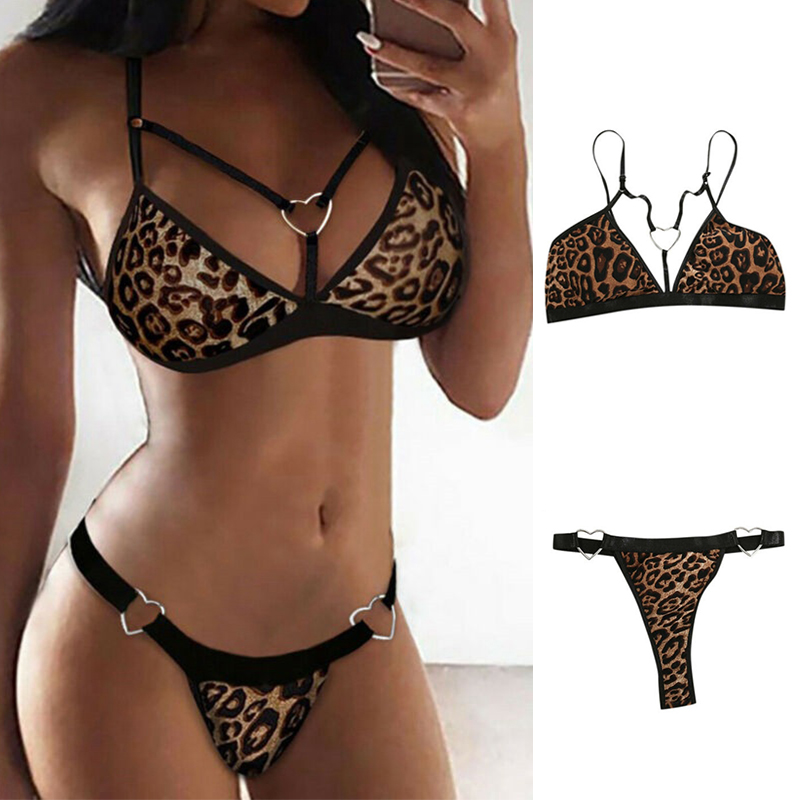 Women Leopard Push Up Bra Thong Sexy Babydoll Lingerie Set Nightwear Underwear - 图片 20