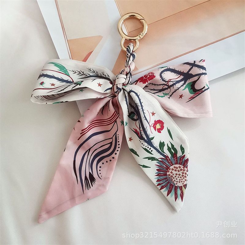 New Camellia Silk Scarf Bow Keychain Pendant Fresh Korean Style Girls' Bags Hanging Ornament Car Key Ring - 图片 5