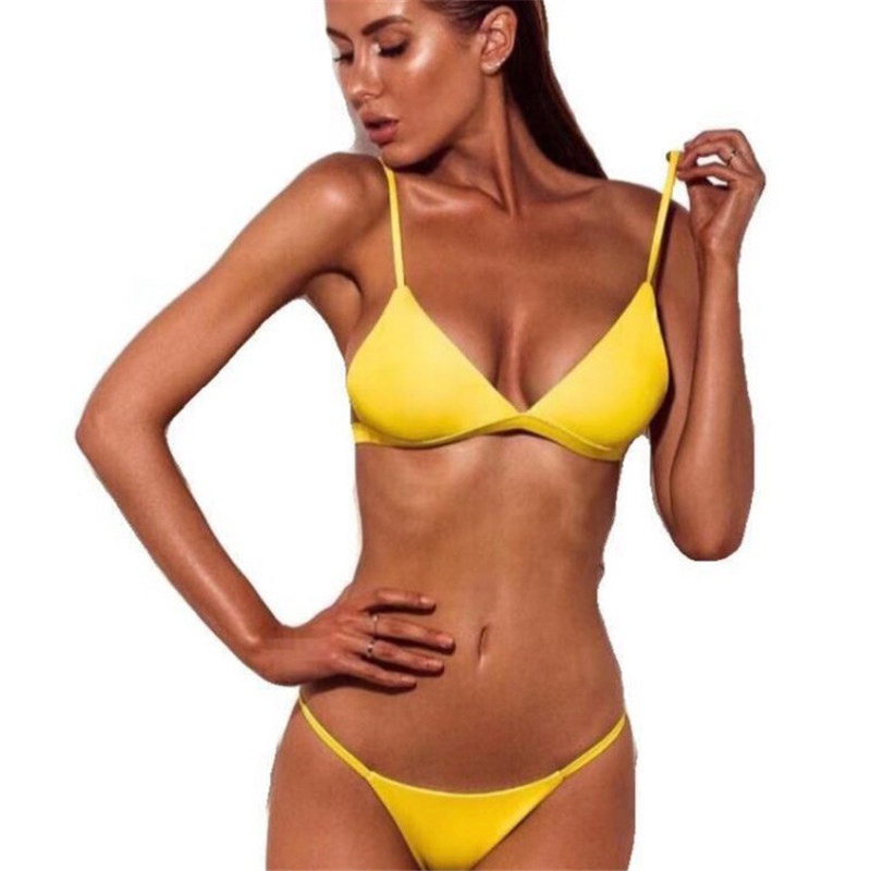 Women Sexy Swimsuit Bikini Bra G-String Thong Bottom Beach Solid Swimwear Lady - 图片 5