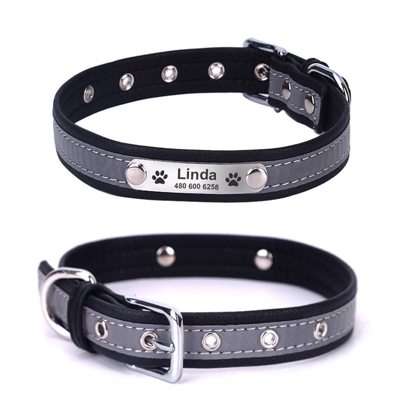 Soft Reflective Leather Personalised Dog Collar Custom Name ID Tags Pet Cat XS-2XL - Image 7