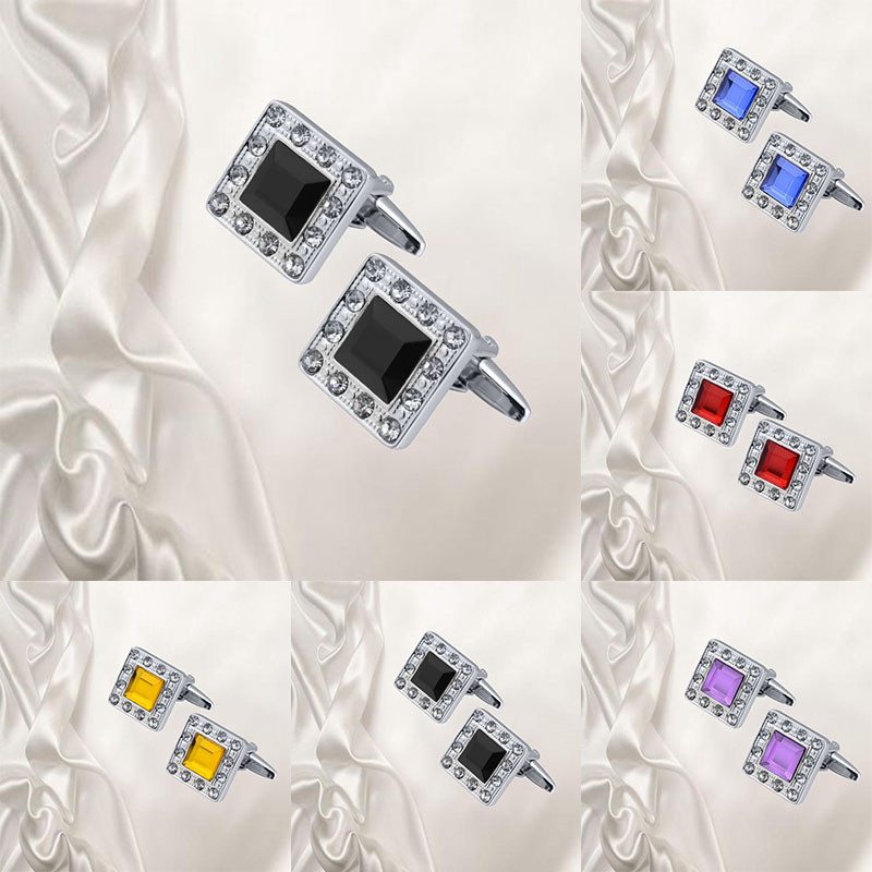 QUALITY MEN'S SILVER COLORFUL CRYSTAL SQUARE CUFFLINKS WEDDING CUFF LINKS