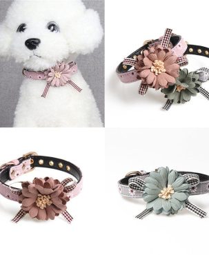 Dog Cat Puppy Collar Adjustable Leather Flower Necklace Bow Tie Neckerchief