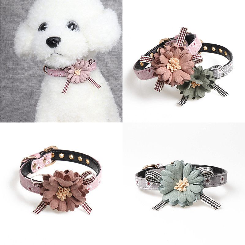 Dog Cat Puppy Collar Adjustable Leather Flower Necklace Bow Tie Neckerchief