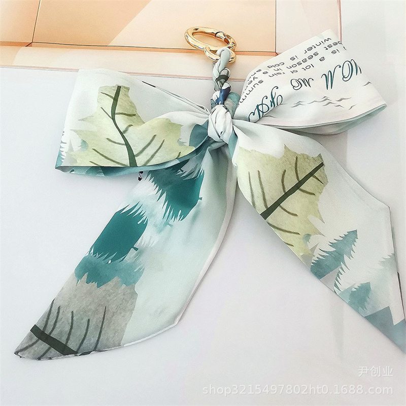 New Camellia Silk Scarf Bow Keychain Pendant Fresh Korean Style Girls' Bags Hanging Ornament Car Key Ring - 图片 7