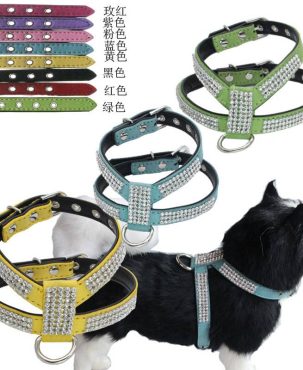 Dog Collar Adjustable Pet Products pet Necklace Dog Harness Leash Quick Release Bling Rhinestone 1 PC PU Leather