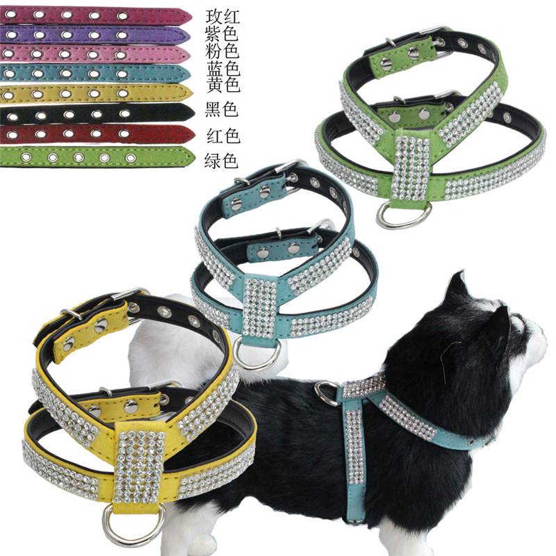 Dog Collar Adjustable Pet Products pet Necklace Dog Harness Leash Quick Release Bling Rhinestone 1 PC PU Leather