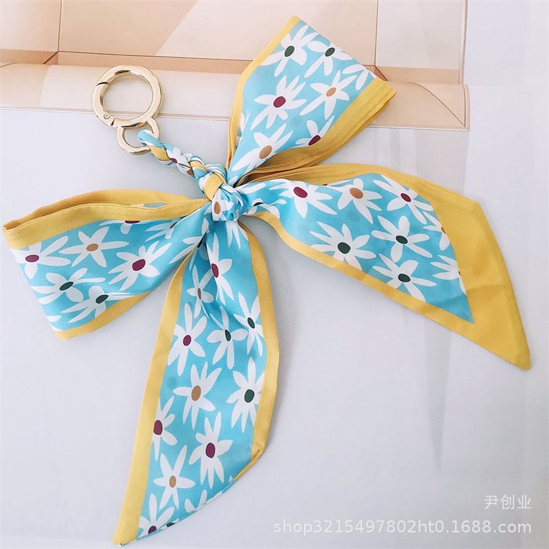 New Camellia Silk Scarf Bow Keychain Pendant Fresh Korean Style Girls' Bags Hanging Ornament Car Key Ring - 图片 8
