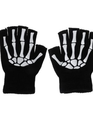 Warm Knitting Gloves For Adult Solid Acrylic Half Finger Glove Human Skeleton Head Gripper Print Cycling Non-slip Wrist Gloves