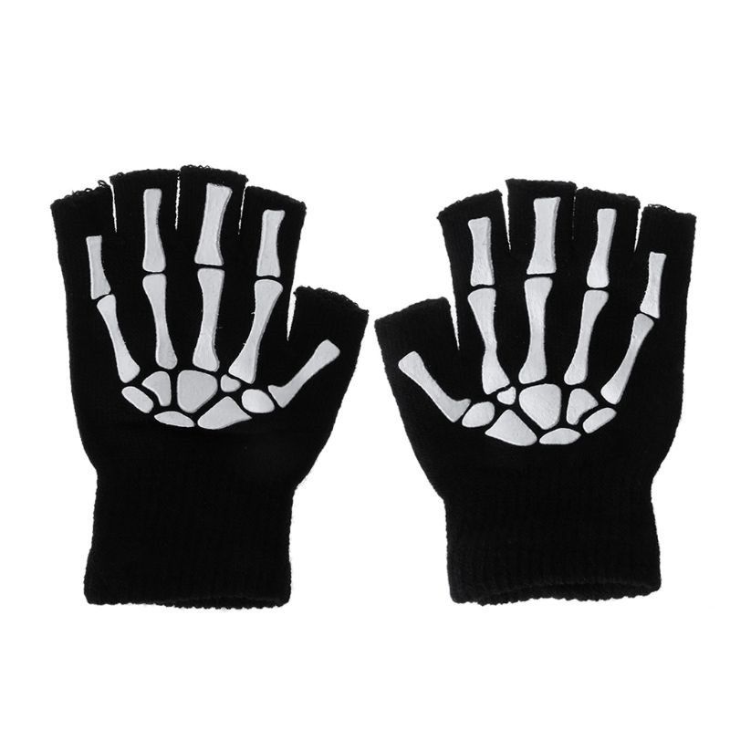 Warm Knitting Gloves For Adult Solid Acrylic Half Finger Glove Human Skeleton Head Gripper Print Cycling Non-slip Wrist Gloves