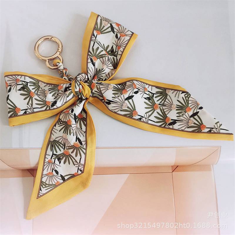New Camellia Silk Scarf Bow Keychain Pendant Fresh Korean Style Girls' Bags Hanging Ornament Car Key Ring - 图片 9