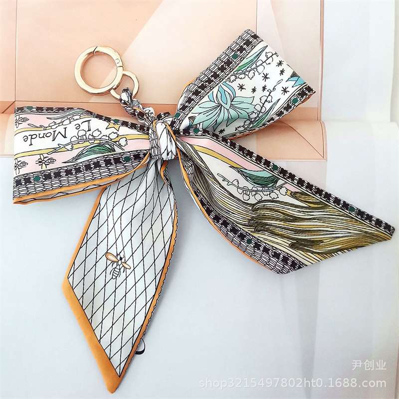 New Camellia Silk Scarf Bow Keychain Pendant Fresh Korean Style Girls' Bags Hanging Ornament Car Key Ring - 图片 10