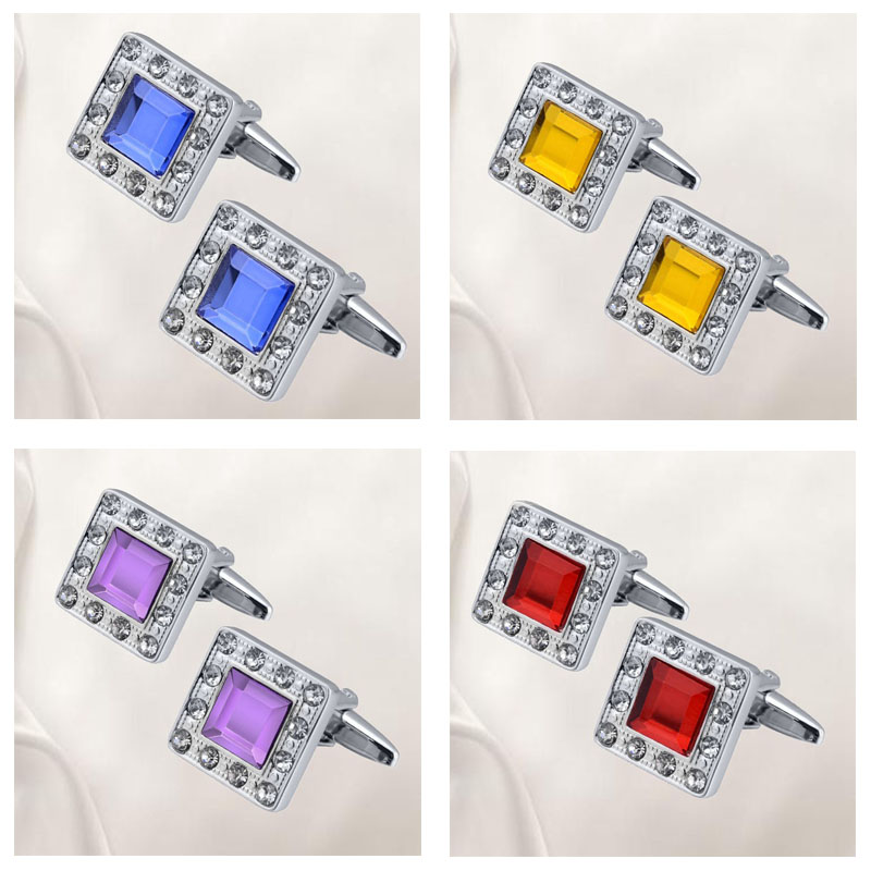 QUALITY MEN'S SILVER COLORFUL CRYSTAL SQUARE CUFFLINKS WEDDING CUFF LINKS - 图片 16