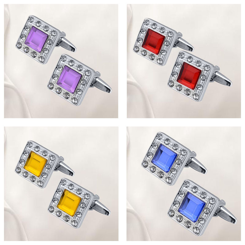 QUALITY MEN'S SILVER COLORFUL CRYSTAL SQUARE CUFFLINKS WEDDING CUFF LINKS - 图片 17