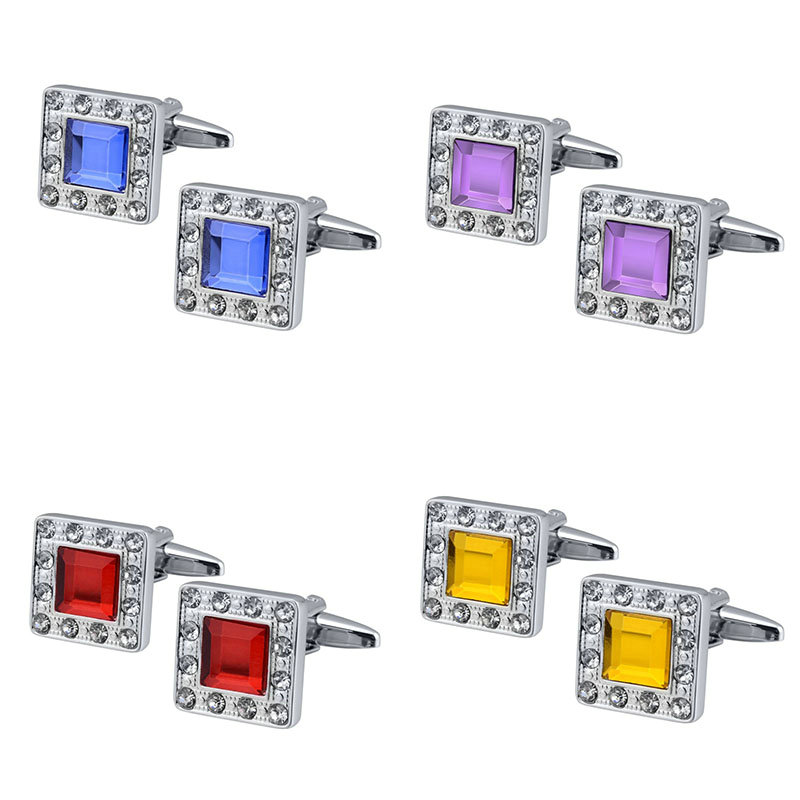 QUALITY MEN'S SILVER COLORFUL CRYSTAL SQUARE CUFFLINKS WEDDING CUFF LINKS - 图片 23