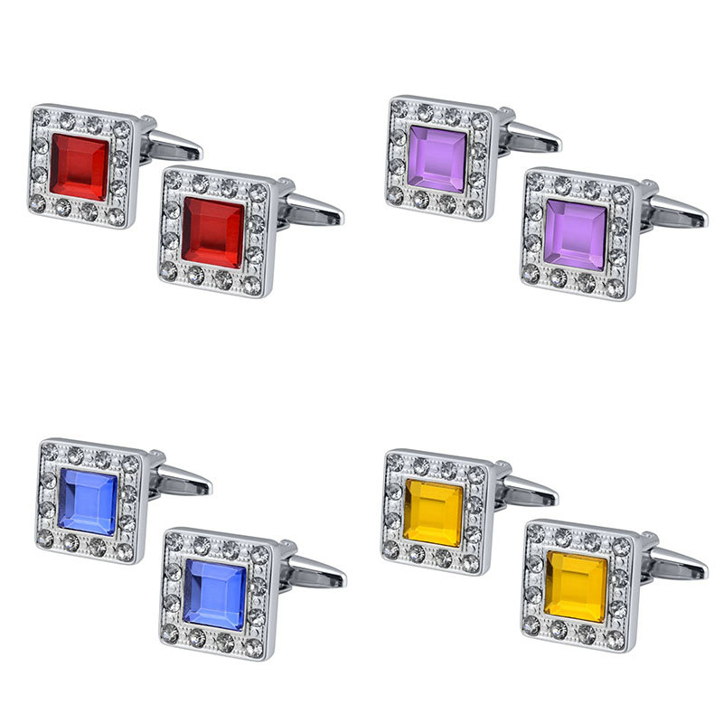 QUALITY MEN'S SILVER COLORFUL CRYSTAL SQUARE CUFFLINKS WEDDING CUFF LINKS - 图片 24