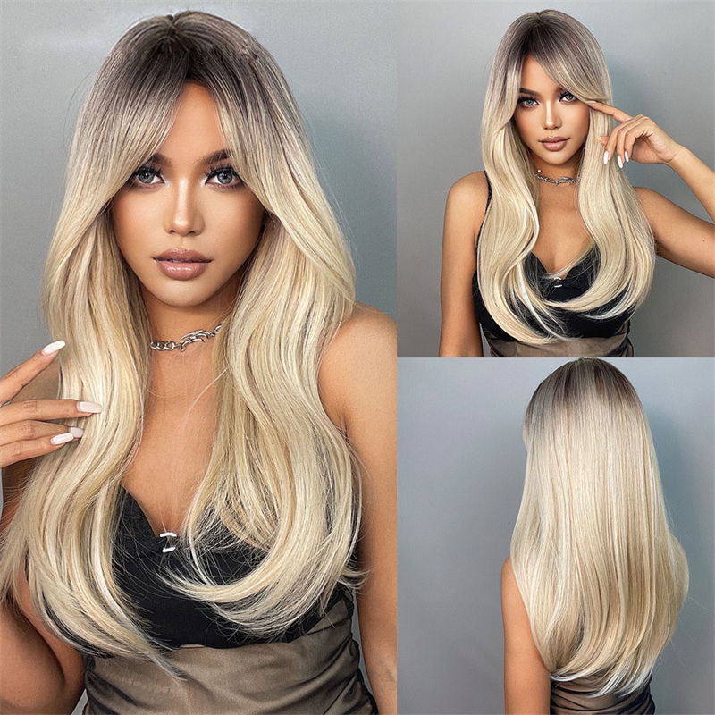 Black Gradient Gold Eight-Character Bangs Hair Curling High-Temperature Fiber Wig Female Headgear