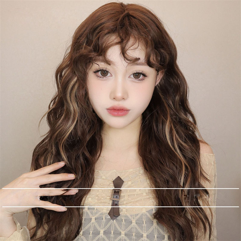 Women Wig Vintage Dyed Brown Wool Small Curly Bangs Light Idle Style Wig Head Cover - 图片 3