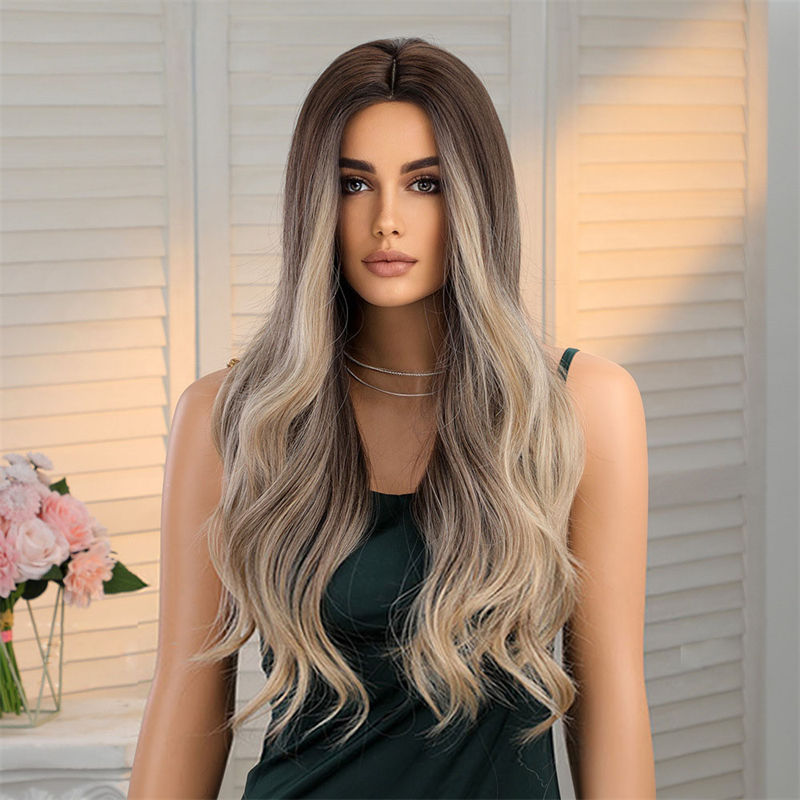Wig Female Medium Gradient Brown Long Curly Hair Big Wave Full Head Wig Fashion - 图片 3