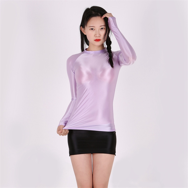 Very Thin Shiny Shiny Tight Top Slim Fit T-shirt Sexy See through Breathable Comfortable Sports European and American plus Size 7051 - Image 6
