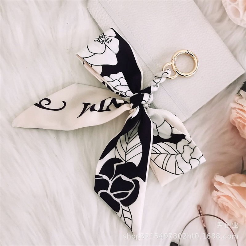New Camellia Silk Scarf Bow Keychain Pendant Fresh Korean Style Girls' Bags Hanging Ornament Car Key Ring - 图片 12