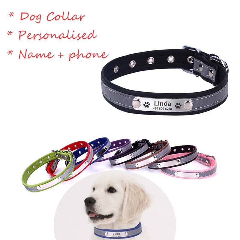 Soft Reflective Leather Personalised Dog Collar Custom Name ID Tags Pet Cat XS-2XL