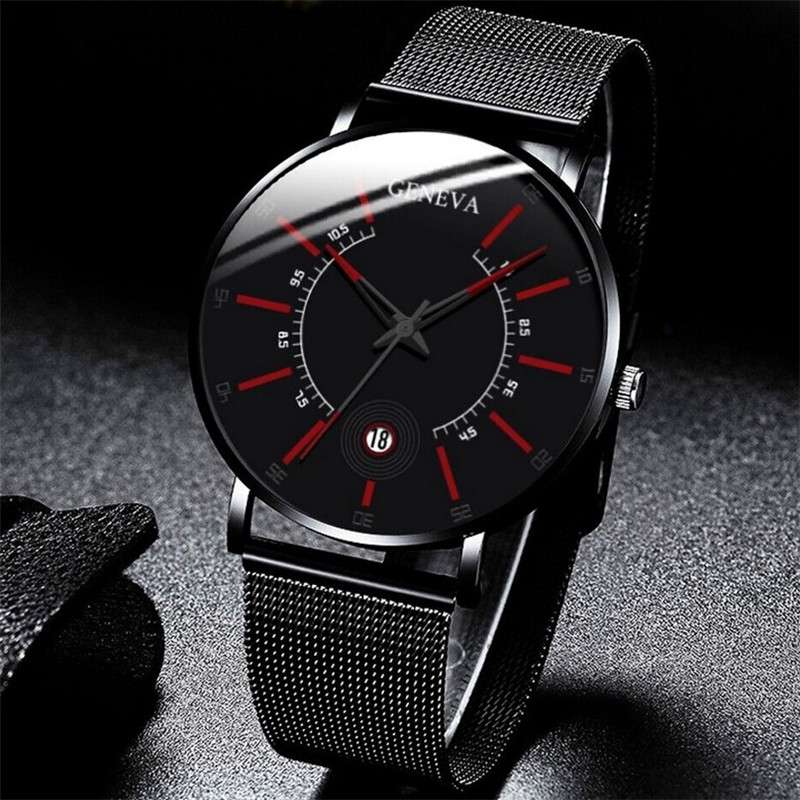 Men's Watches Red Ultra Thin Business Stainless Steel Mesh Quartz Watch Fashion - Image 3