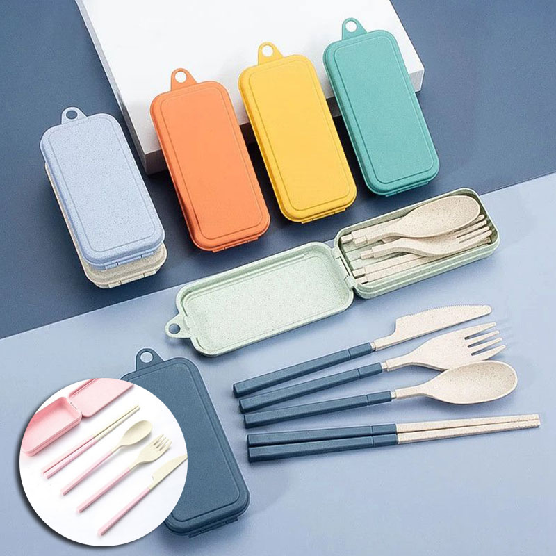 4Pcs Wheat Straw Dinnerware Set Portable Tableware Knife Fork Spoon Chopsticks Set Travel Cutlery Set Eco-Friendly Utensil Box - 图片 18
