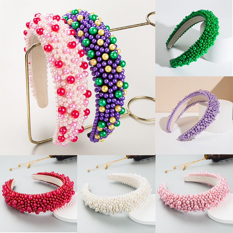 Headband Baroque Sponge Pearl Hair Accessories Women's Handmade Beaded Wide-Edged Fashion - 图片 18
