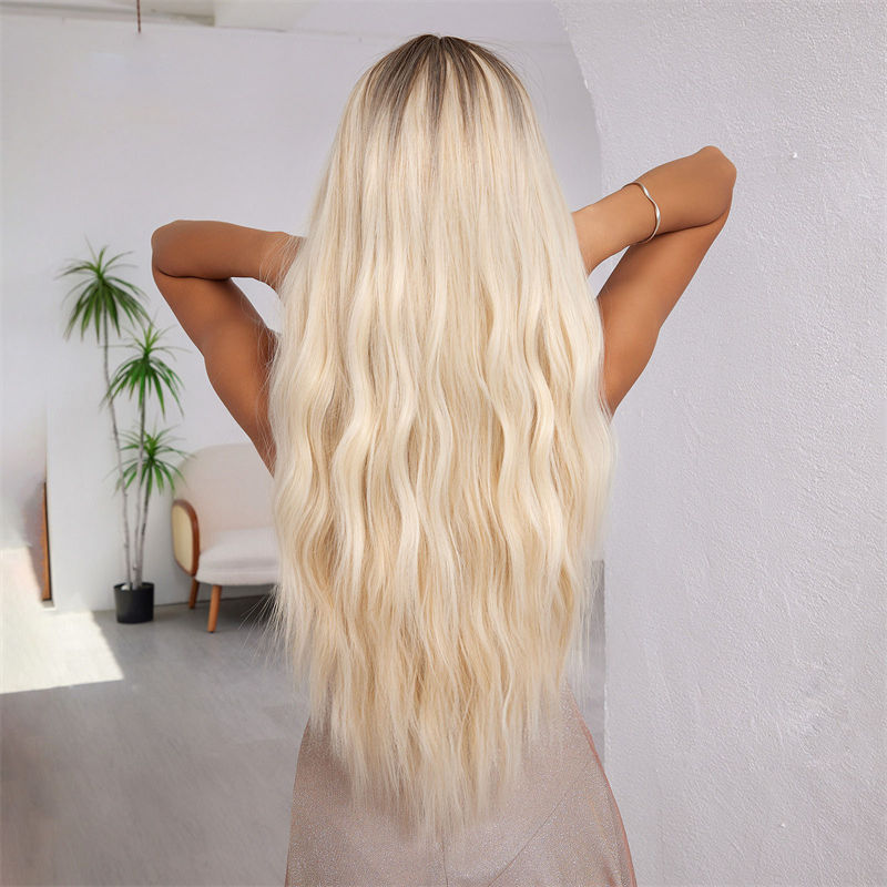 Fashion Wig Chemical Fiber Full-Head Wig Air Bangs Fluffy Gradient Golden Big Wave Long Curly Hair Full Top Wig - 图片 6