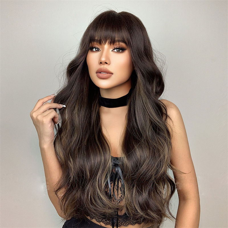 Fashion Women's Wig Long Curly Hair with Bangs Black Brown Big Wave Wig Head Cover - 图片 6