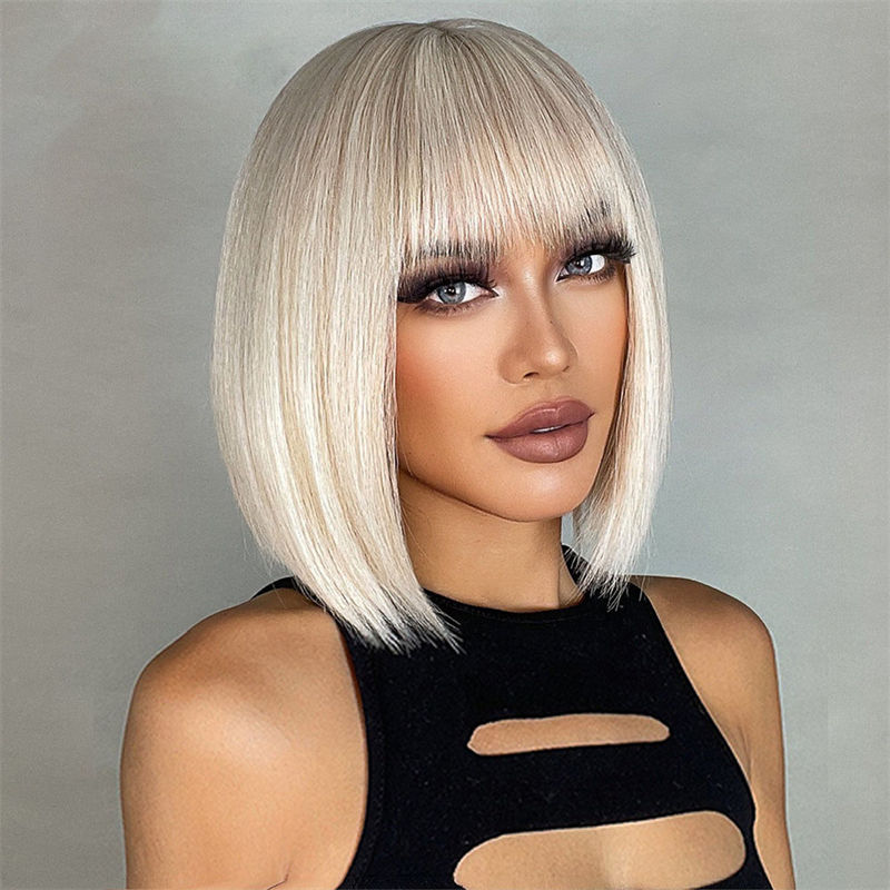 Wig Female Straight Bangs White Gold Color Short Straight Hair Haircut Full-Head Wig - 图片 3