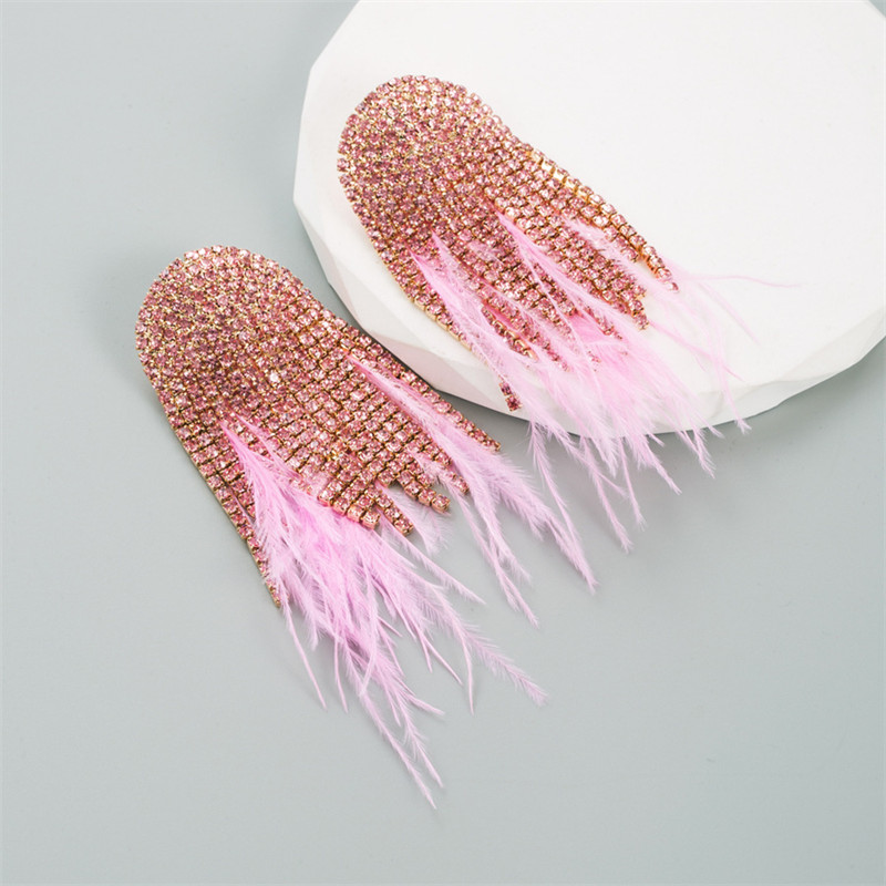 Fashion Feather Earrings for Women Baroque Style Diamond Claw Chain Party Ball - 图片 3