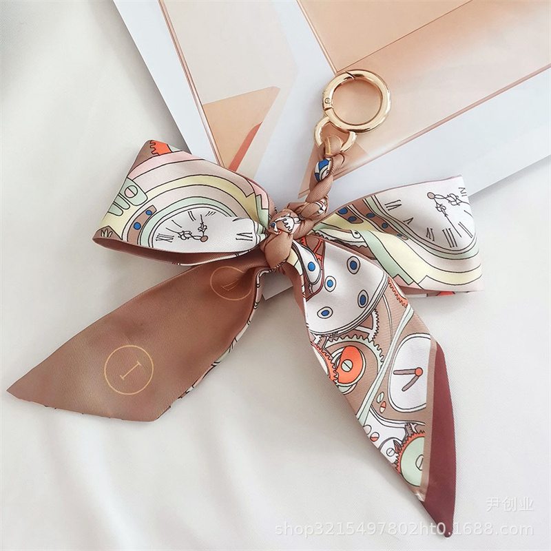New Camellia Silk Scarf Bow Keychain Pendant Fresh Korean Style Girls' Bags Hanging Ornament Car Key Ring - 图片 14