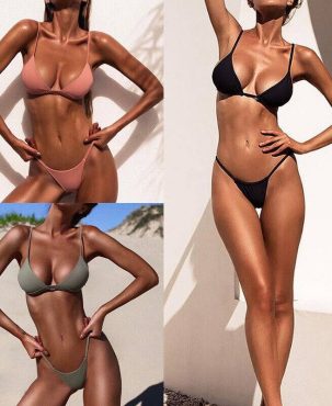Women Sexy Swimsuit Bikini Bra G-String Thong Bottom Beach Solid Swimwear Lady
