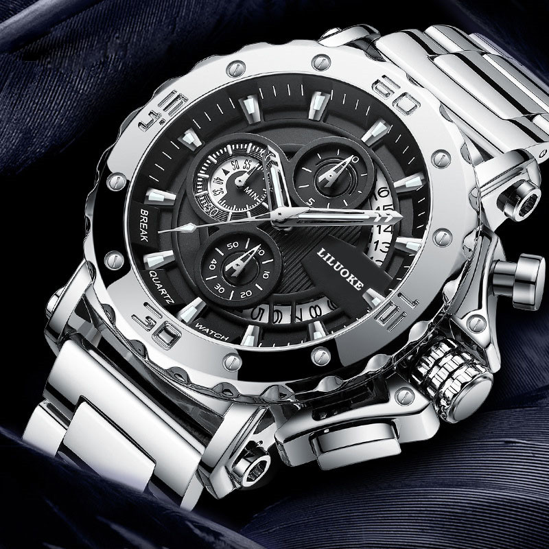 Watch Men's Thick Luminous Waterproof Men's Quartz Watch Black Silver Business Watch - Image 5