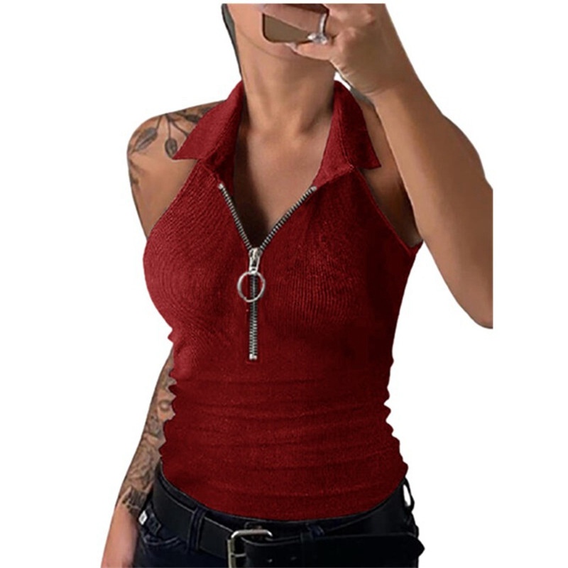 Tank Top Women Sexy Vest Zipper Large V-neck Sleeveless Shirt Slim Top Casual - 图片 3