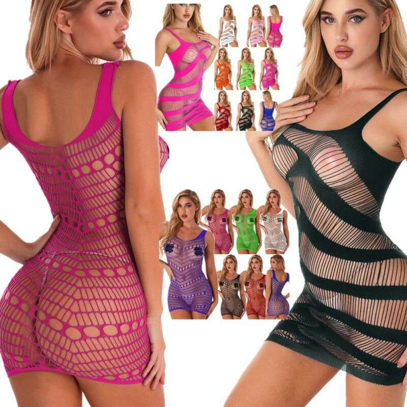 Sexy Women Fishnet Hollow Out Mesh See-through Chemise Babydoll Mini Dress Club