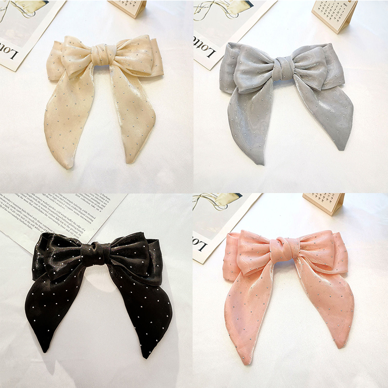 Barrettes Solid Color Shiner Rhinestone Fabric Bow Spring Clip Girl Horse Tail Head Clip - 图片 14