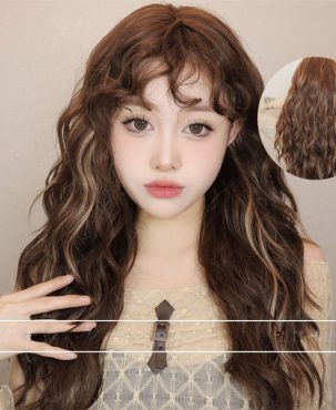 Women Wig Vintage Dyed Brown Wool Small Curly Bangs Light Idle Style Wig Head Cover