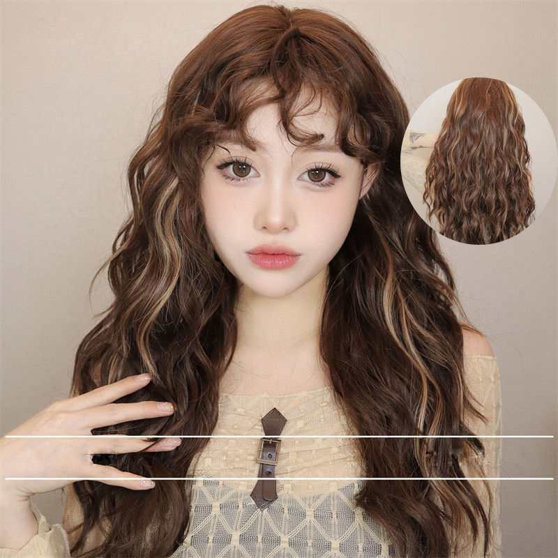 Women Wig Vintage Dyed Brown Wool Small Curly Bangs Light Idle Style Wig Head Cover