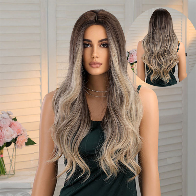 Wig Female Medium Gradient Brown Long Curly Hair Big Wave Full Head Wig Fashion - 图片 10