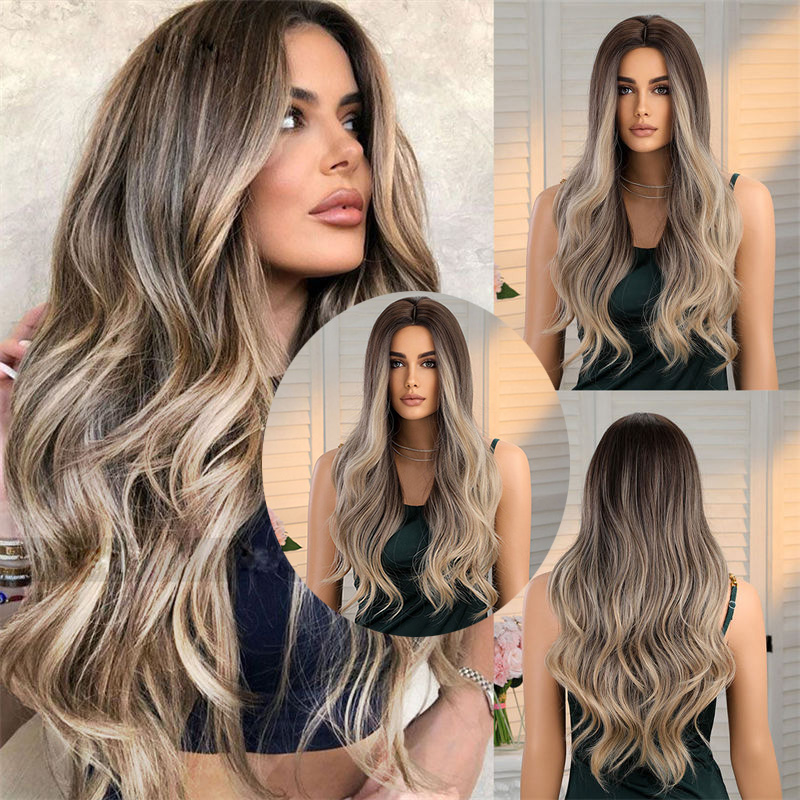 Wig Female Medium Gradient Brown Long Curly Hair Big Wave Full Head Wig Fashion - 图片 11