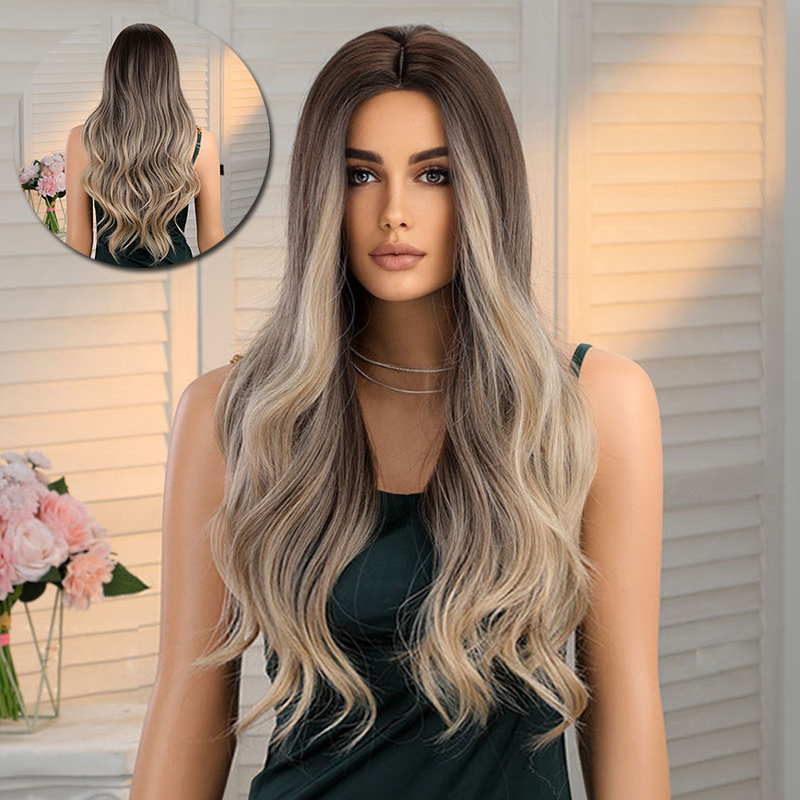 Wig Female Medium Gradient Brown Long Curly Hair Big Wave Full Head Wig Fashion - 图片 16
