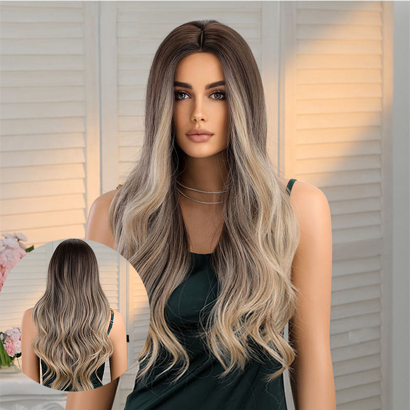 Wig Female Medium Gradient Brown Long Curly Hair Big Wave Full Head Wig Fashion - 图片 13