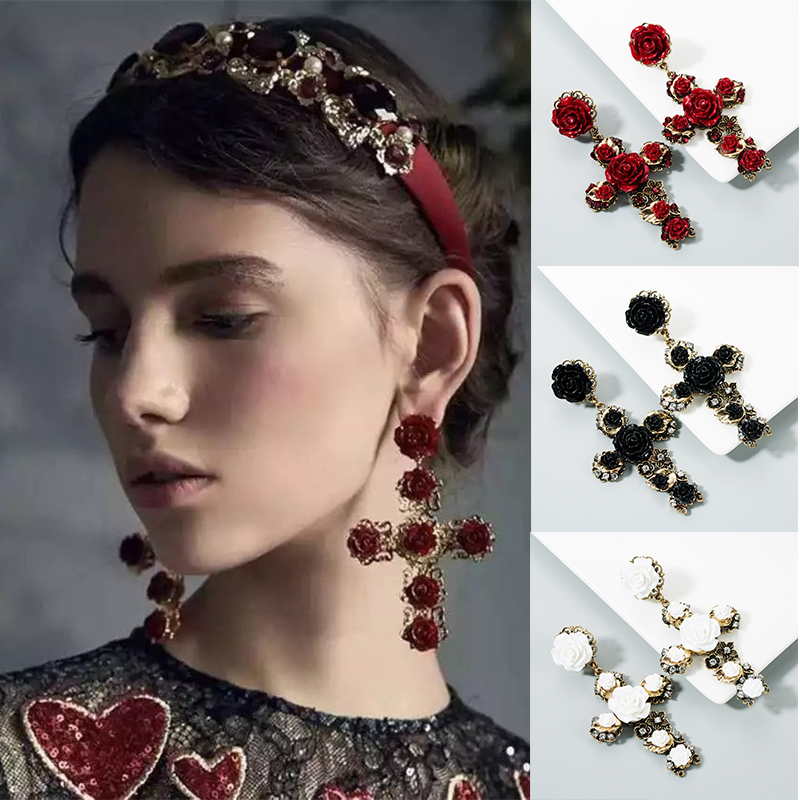 Earrings Women's Fashionable Elegant Baroque Rose Flower Long Retro Ear Studs - Image 12