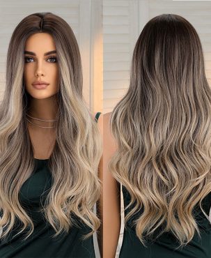 Wig Female Medium Gradient Brown Long Curly Hair Big Wave Full Head Wig Fashion