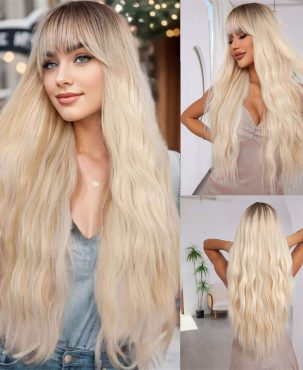 Fashion Wig Chemical Fiber Full-Head Wig Air Bangs Fluffy Gradient Golden Big Wave Long Curly Hair Full Top Wig
