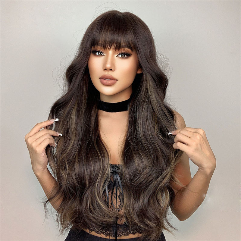 Fashion Women's Wig Long Curly Hair with Bangs Black Brown Big Wave Wig Head Cover - 图片 9