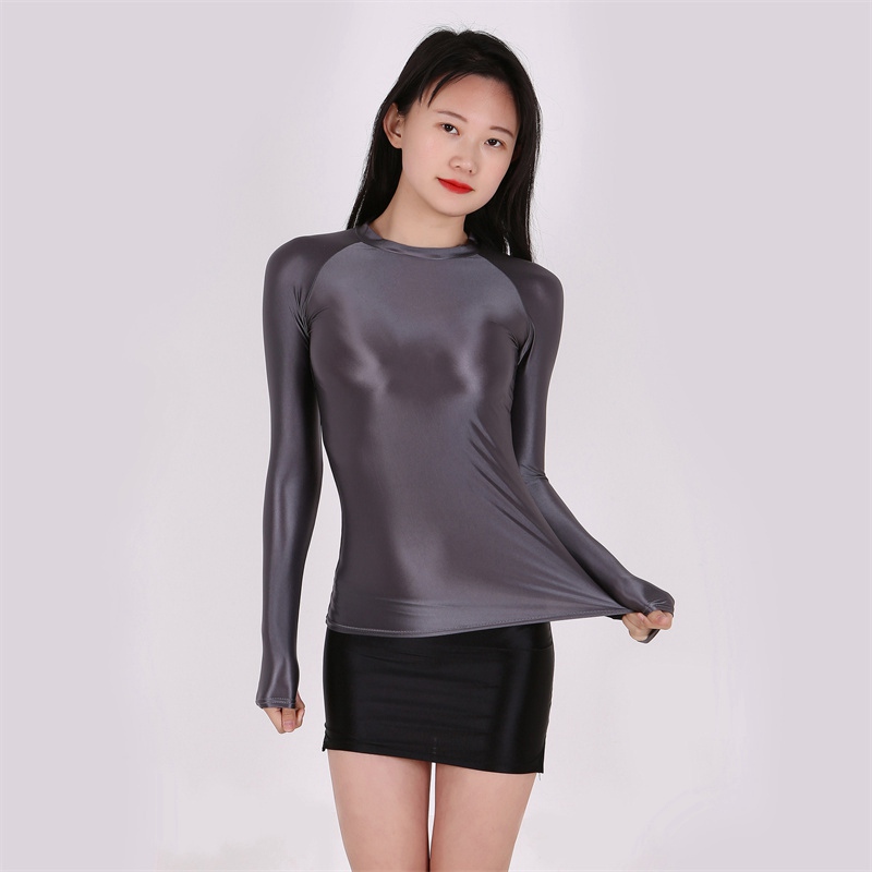 Very Thin Shiny Shiny Tight Top Slim Fit T-shirt Sexy See through Breathable Comfortable Sports European and American plus Size 7051 - Image 8